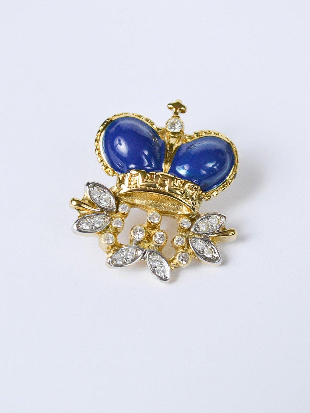 1980s crown-shpaed small pin with rhynestone and blue gems W22051811  Vintage 