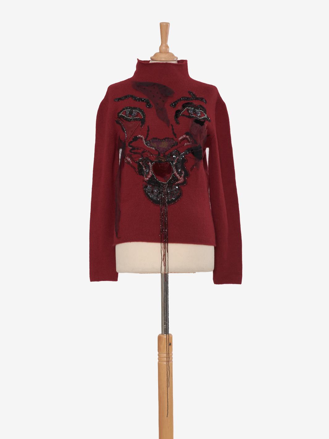 Krizia Bordeaux cashmere sweater with panther embroidery