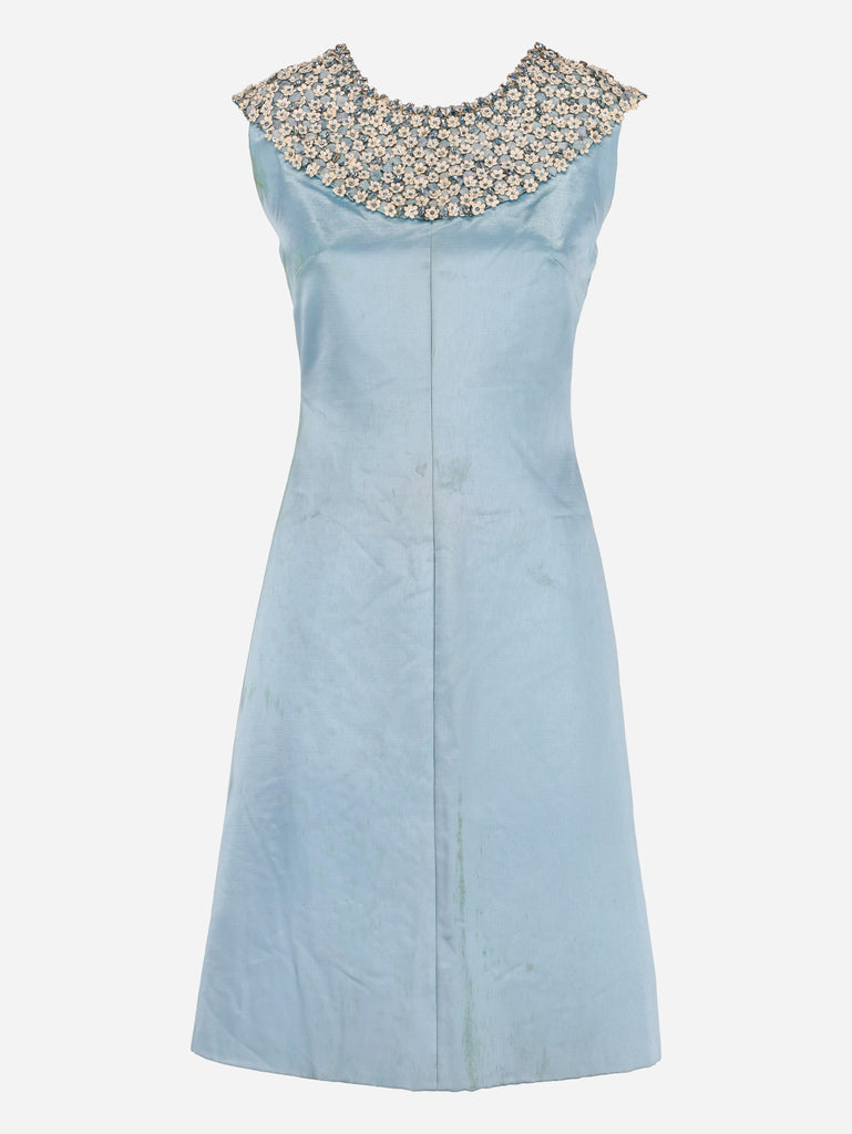 Satin Dress With Embroidered Beaded Flowers - 60s