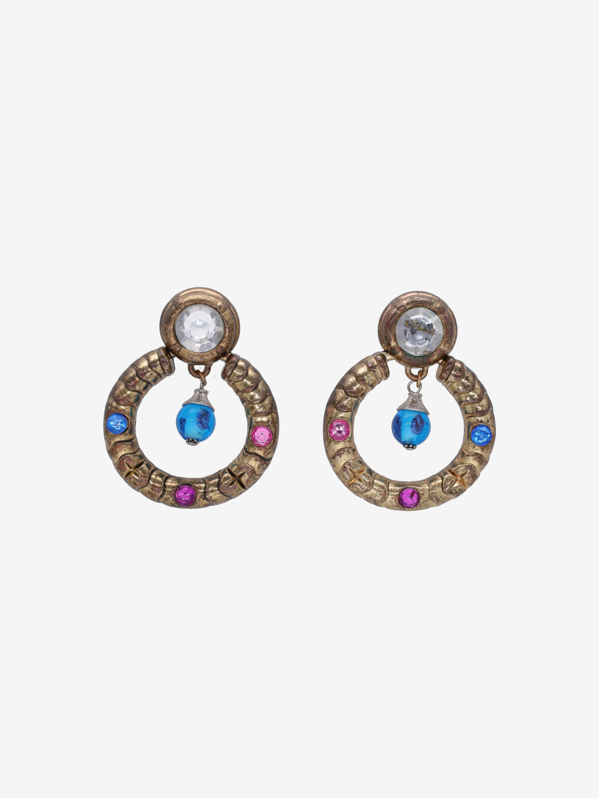 Vintage Round Earrings with Multicolored Gemstones and Blue Pendant Drop W13426.32  Vintage 