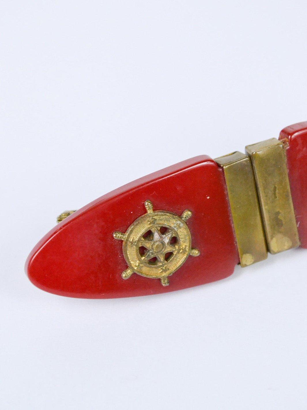 1980s brooch in red plastic and metal with marittime theme W22051804  Vintage 