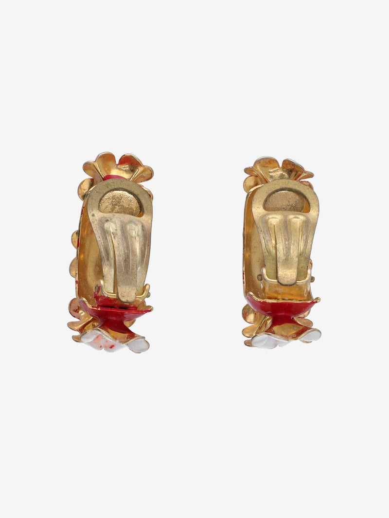 Vintage Semi-Circle Earrings with Red Floral and Gem Detail W13426.5  Vintage 
