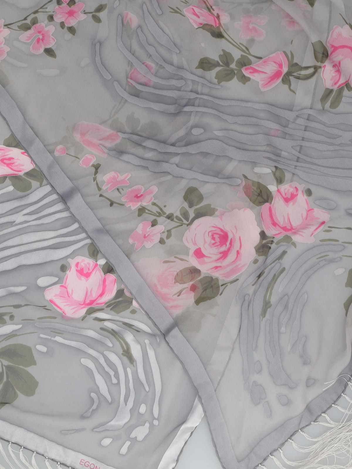 Vintage Sheer Grey Shawl with Pink Rose Motif and Fringe Detail W27526.89  Vintage 