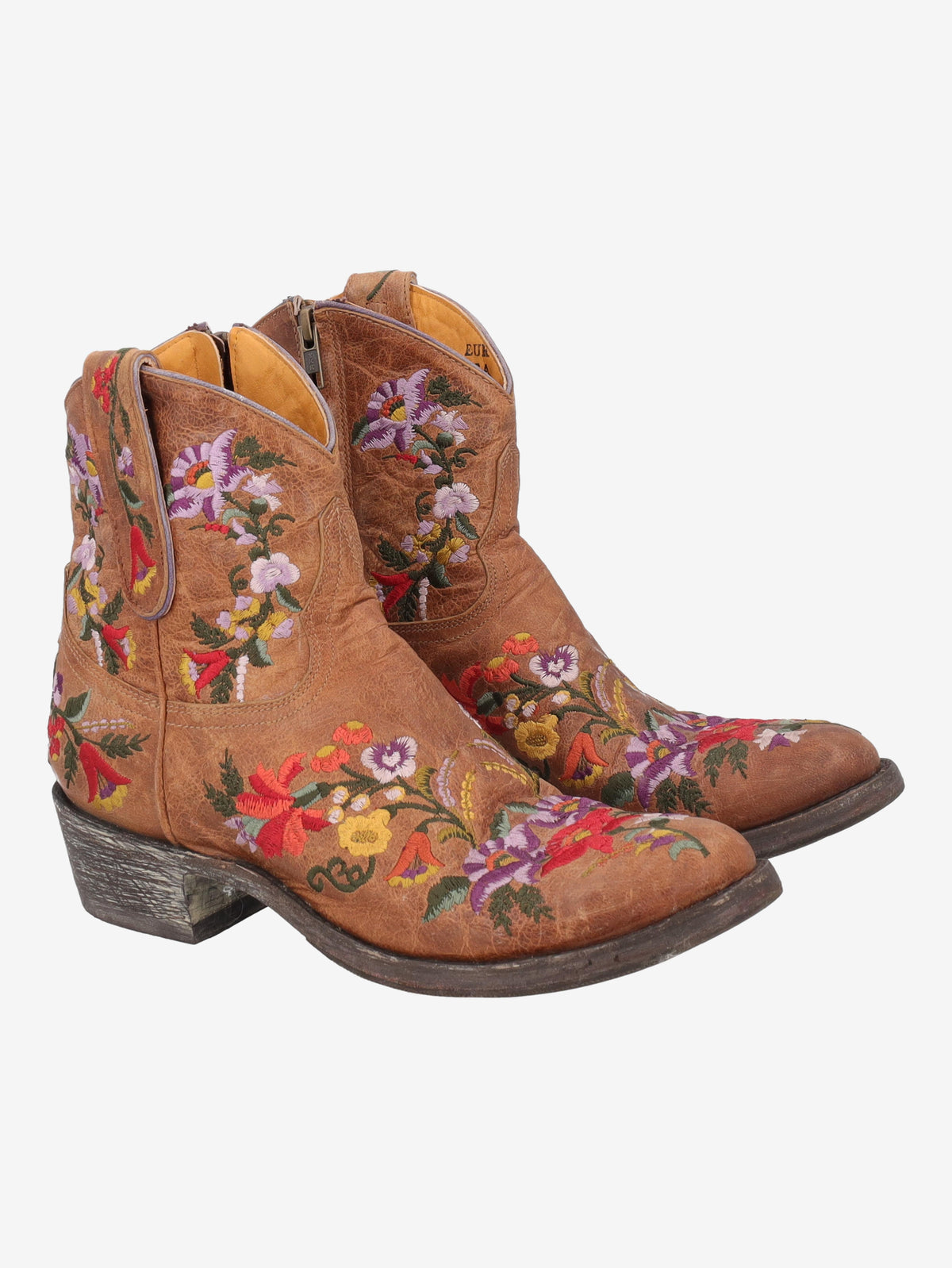 Cowboy Ankle Boots in Brown Leather with Embroidered Flowers W7426.61  Vintage 
