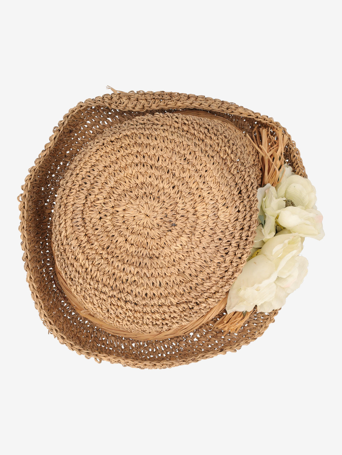 Woven Straw Hat with Ivory Floral Detail BR150622.21  Vintage 