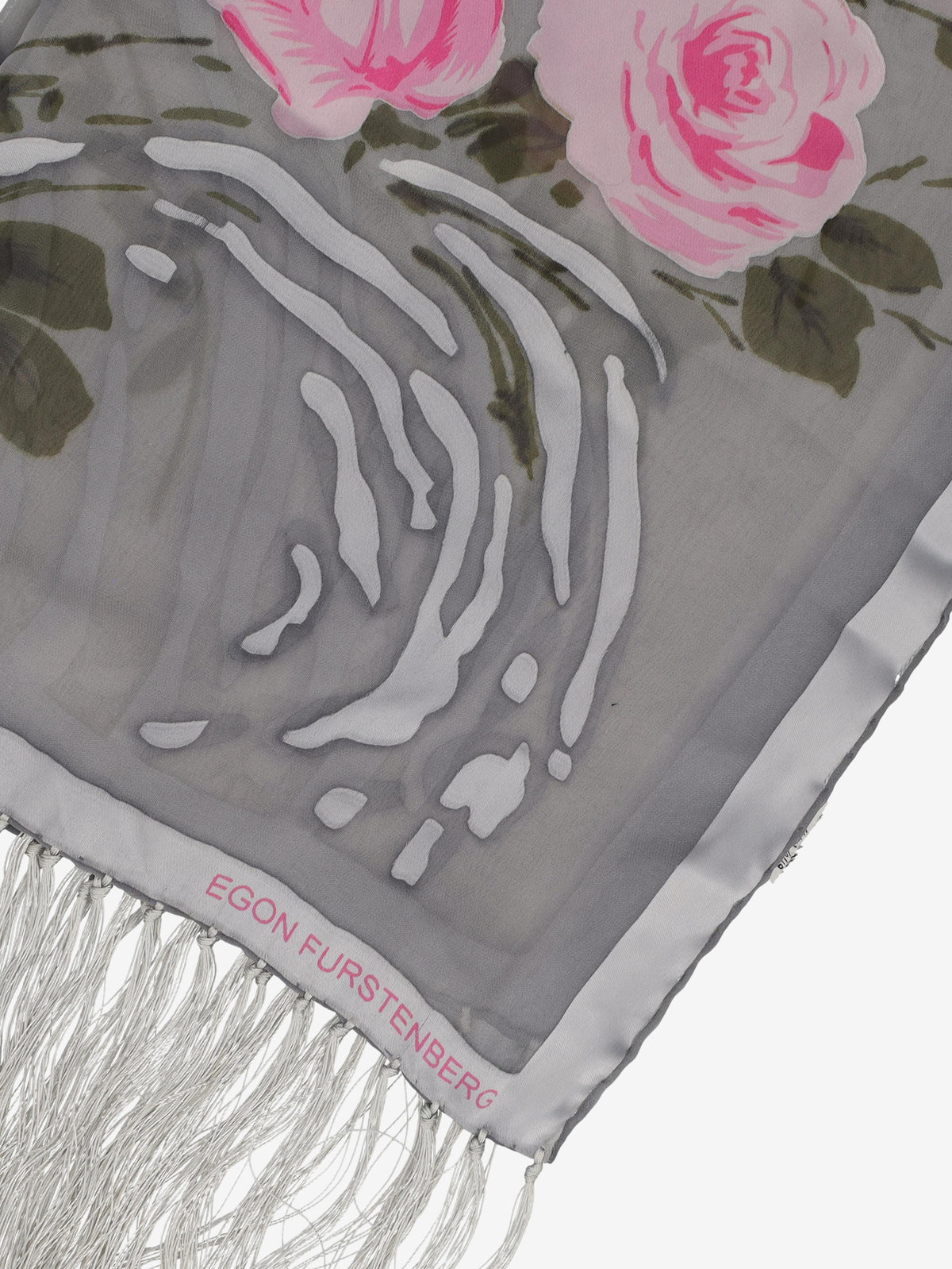 Vintage Sheer Grey Shawl with Pink Rose Motif and Fringe Detail W27526.89  Vintage 