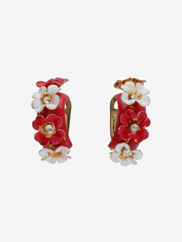Vintage Semi-Circle Earrings with Red Floral and Gem Detail W13426.5  Vintage 