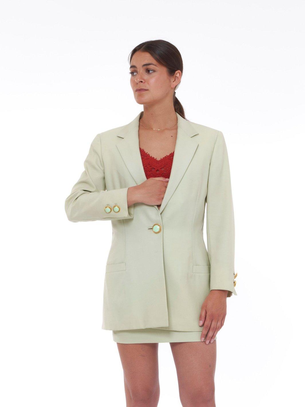 Tailleur giacca e gonna verde chiaro Gianni Versace anni '90 in fresco lana