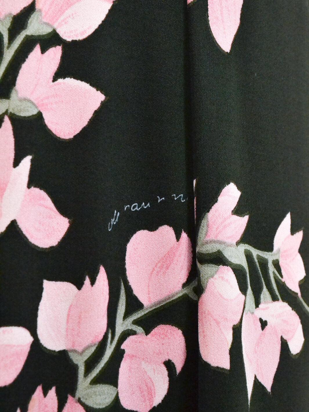 Abito De Parisini color oliva con fiori rosa, anni '70