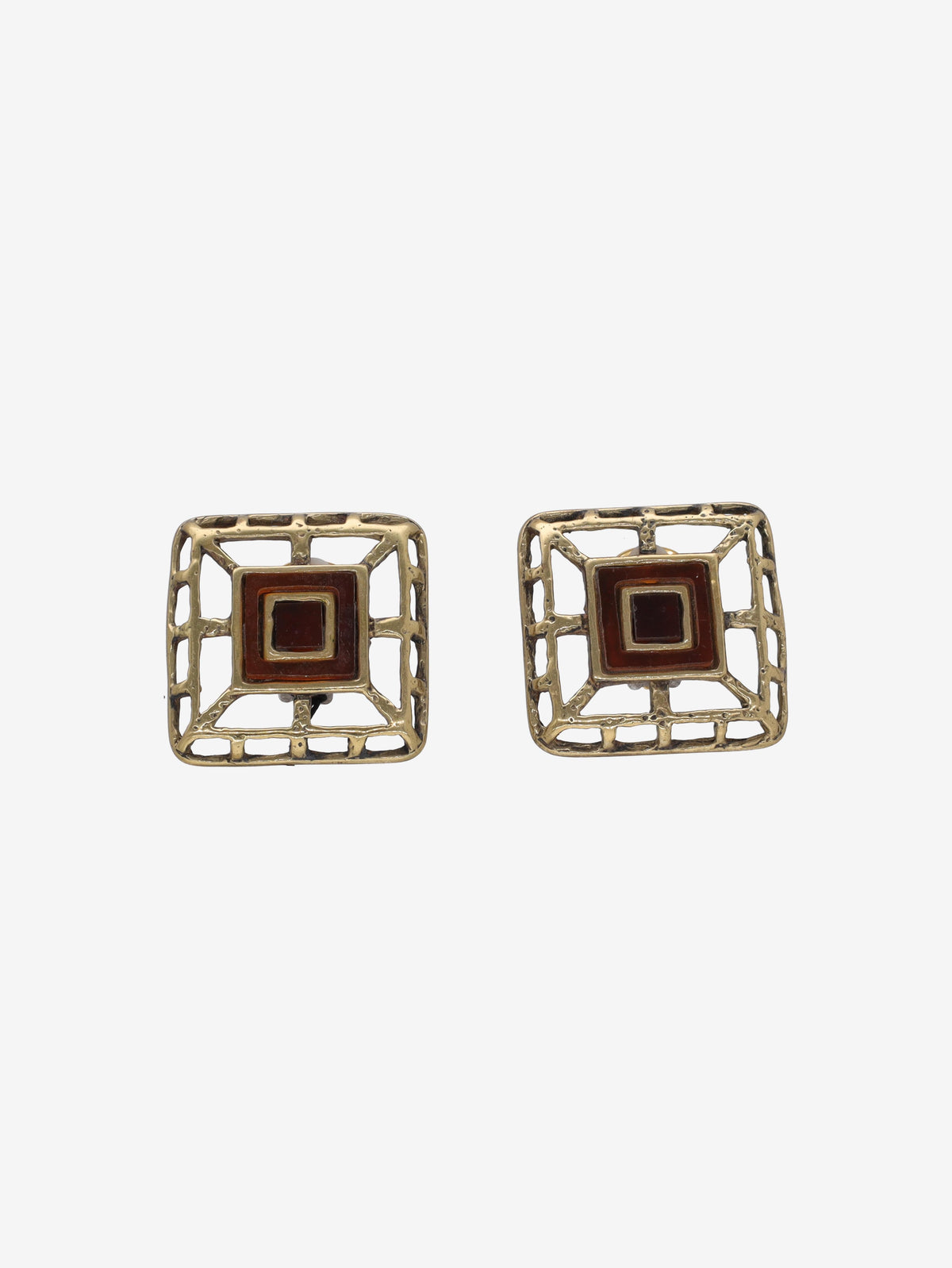 Vintage Square Clip-On Earrings with Amber Center W13426.52  Vintage 