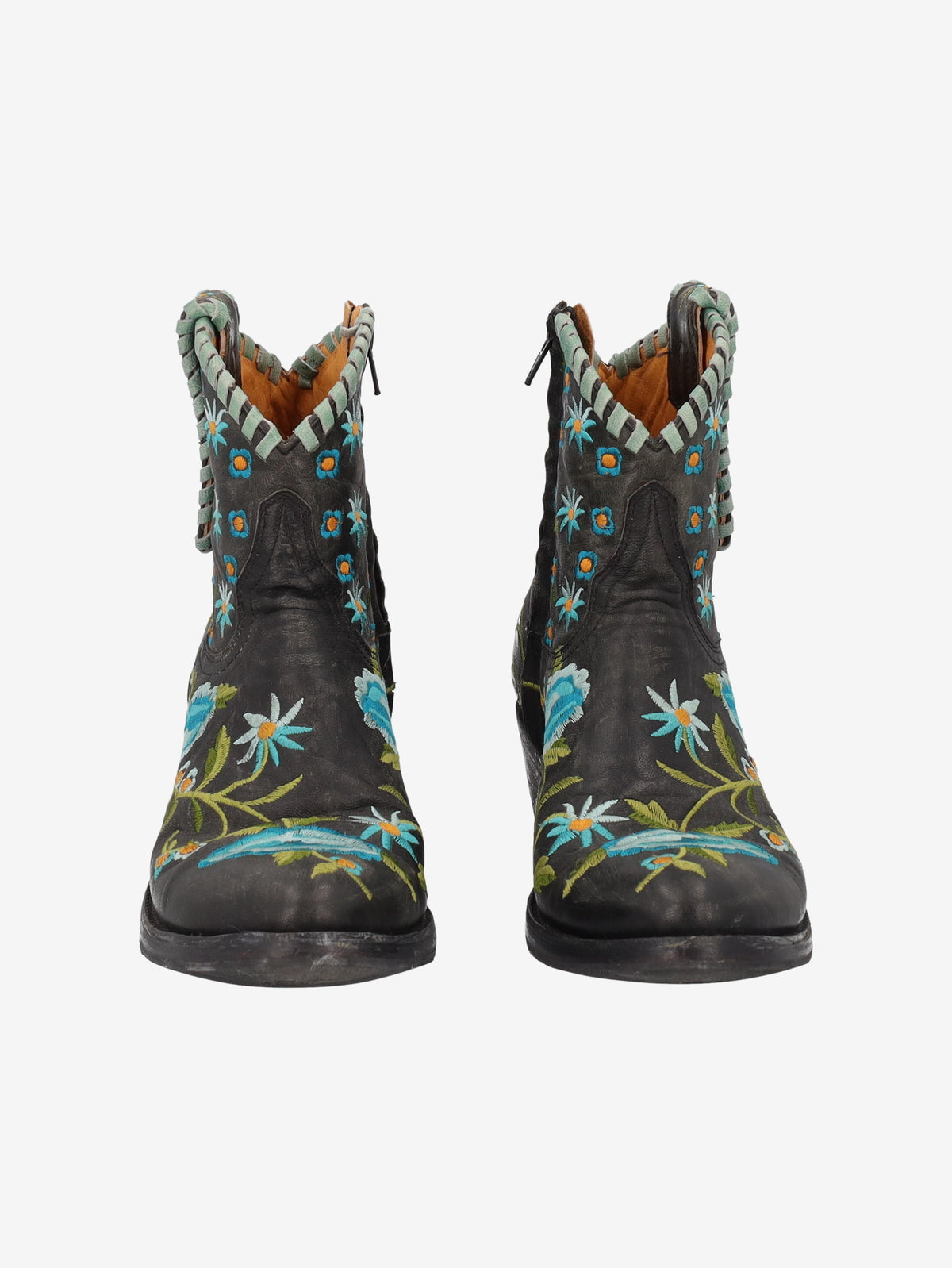 Cowboy Ankle Boots in Black Leather with Embroidered Flowers W7426.64  Vintage 