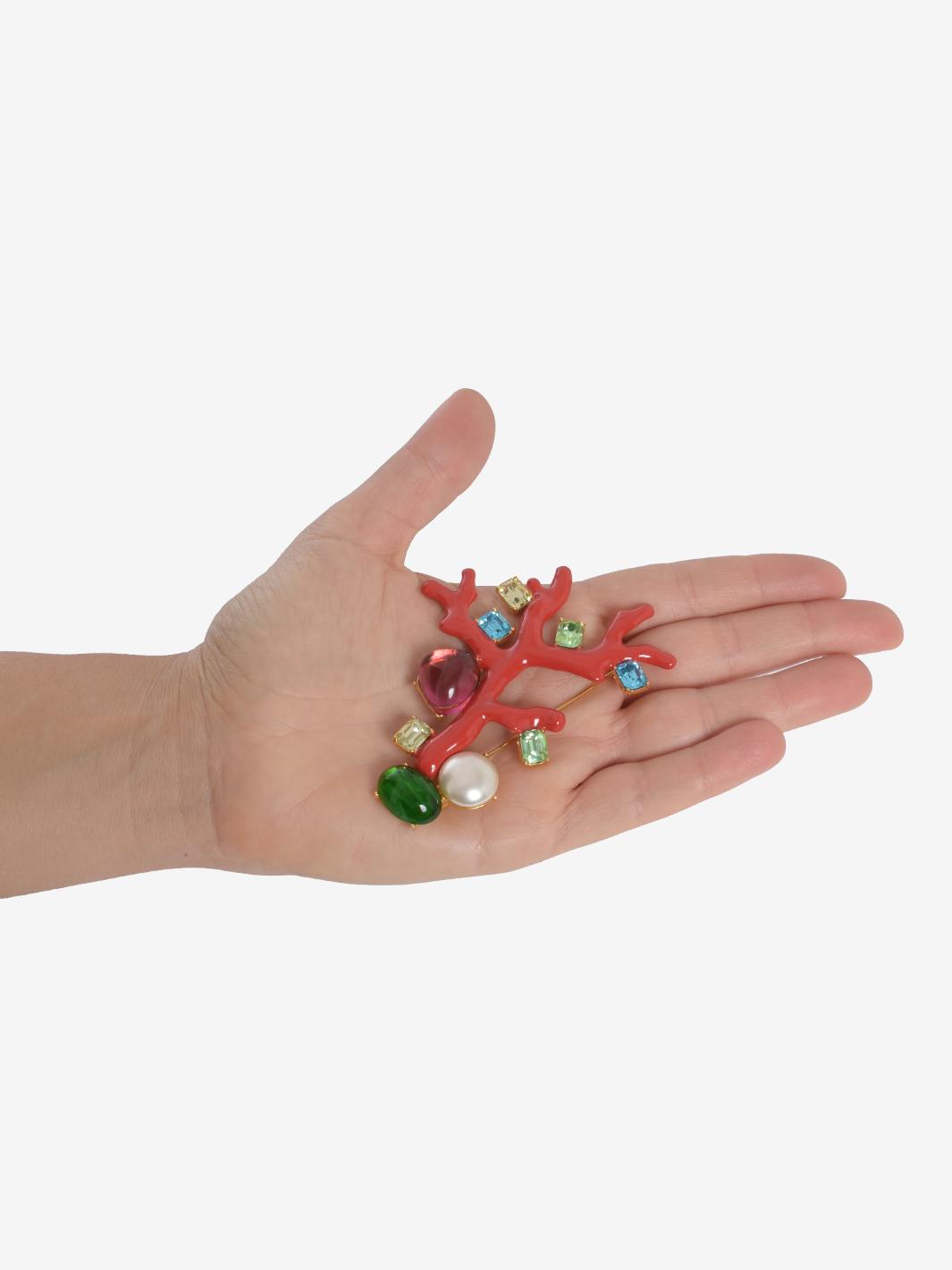 Kenneth Jay Lane Red Coral Branch Brooch With Rhinestones And Synthetic Pearls
