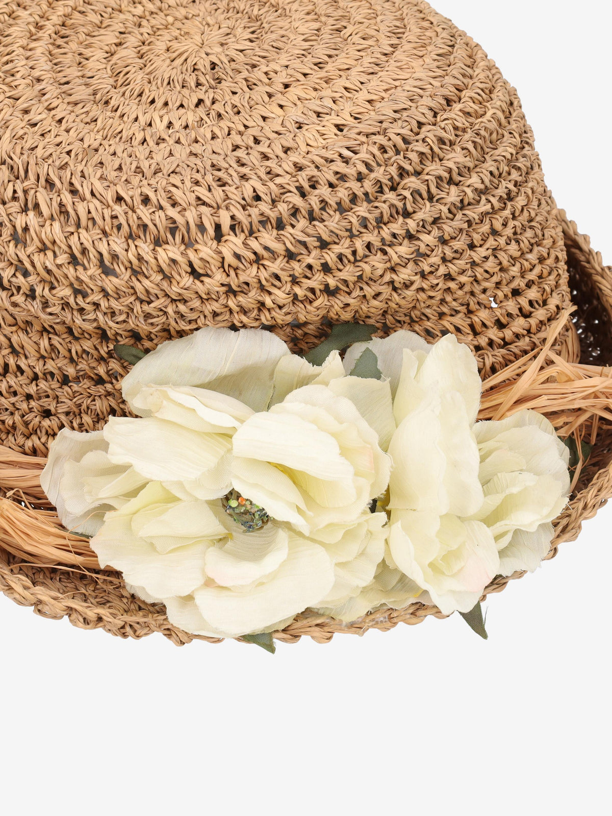 Woven Straw Hat with Ivory Floral Detail BR150622.21  Vintage 