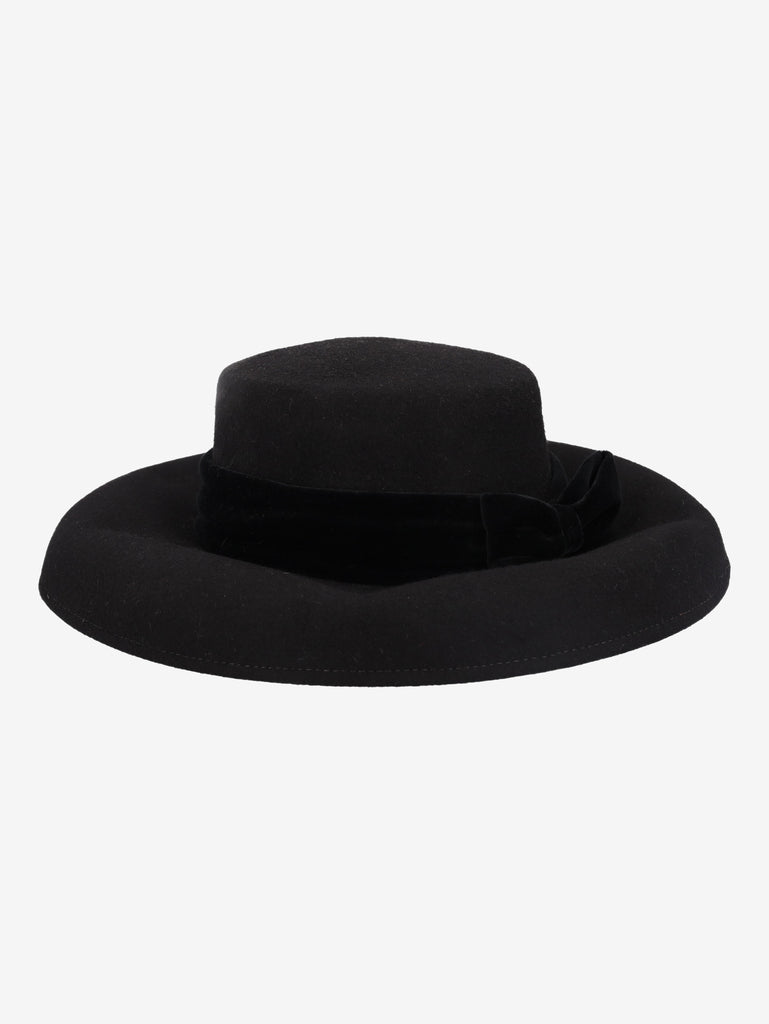 Vintage Black Wool Felt Boater Hat with Velvet Bow BR5522.27  Vintage 