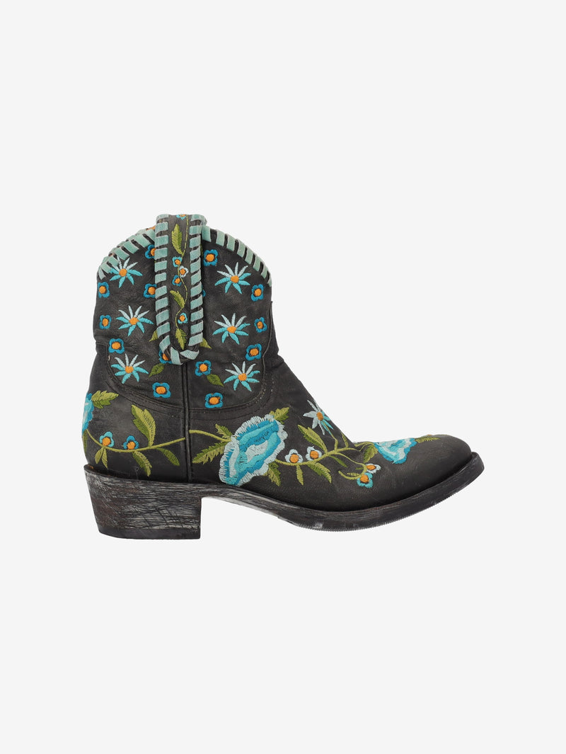 Cowboy Ankle Boots in Black Leather with Embroidered Flowers W7426.64  Vintage 