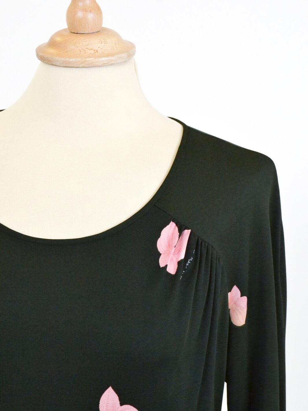 Abito De Parisini color oliva con fiori rosa, anni '70