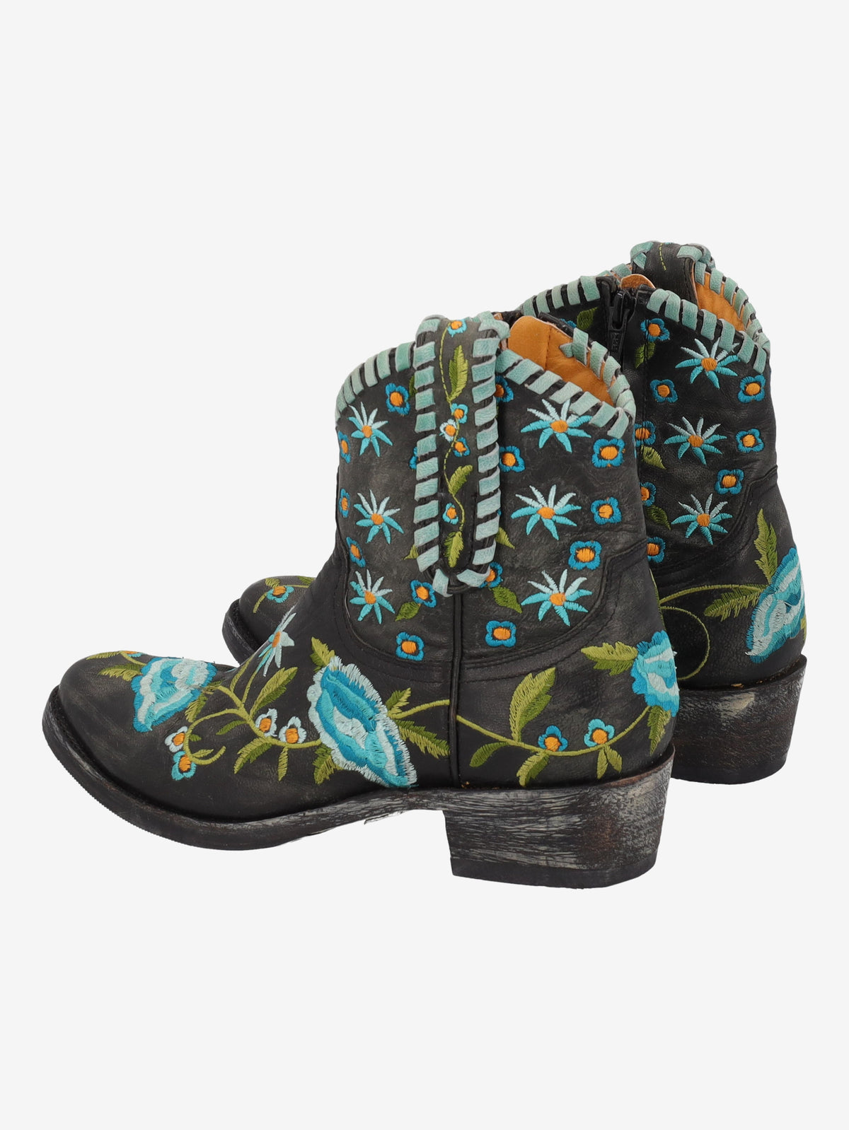 Cowboy Ankle Boots in Black Leather with Embroidered Flowers W7426.64  Vintage 