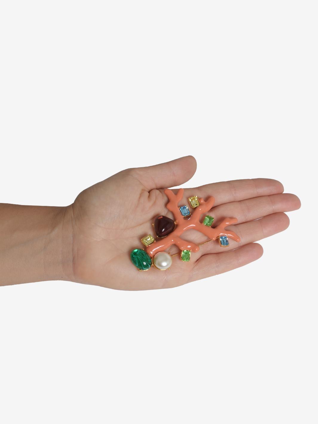 Kenneth Jay Lane Pink Coral Branch Brooch With Rhinestones And Synthetic Pearls