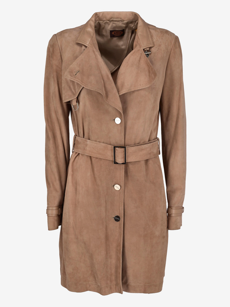 Tod's Long Suede Leather Coat with Belt and Buckle Details W7426.16  Tod's 