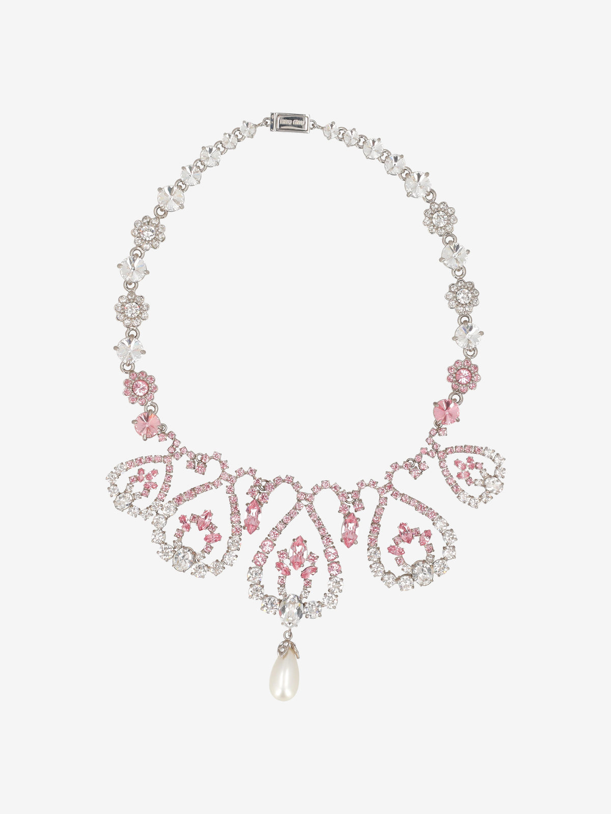 Miu Miu Crystal Floral Bib Necklace with Pearl Drop W13426.125  Prada 