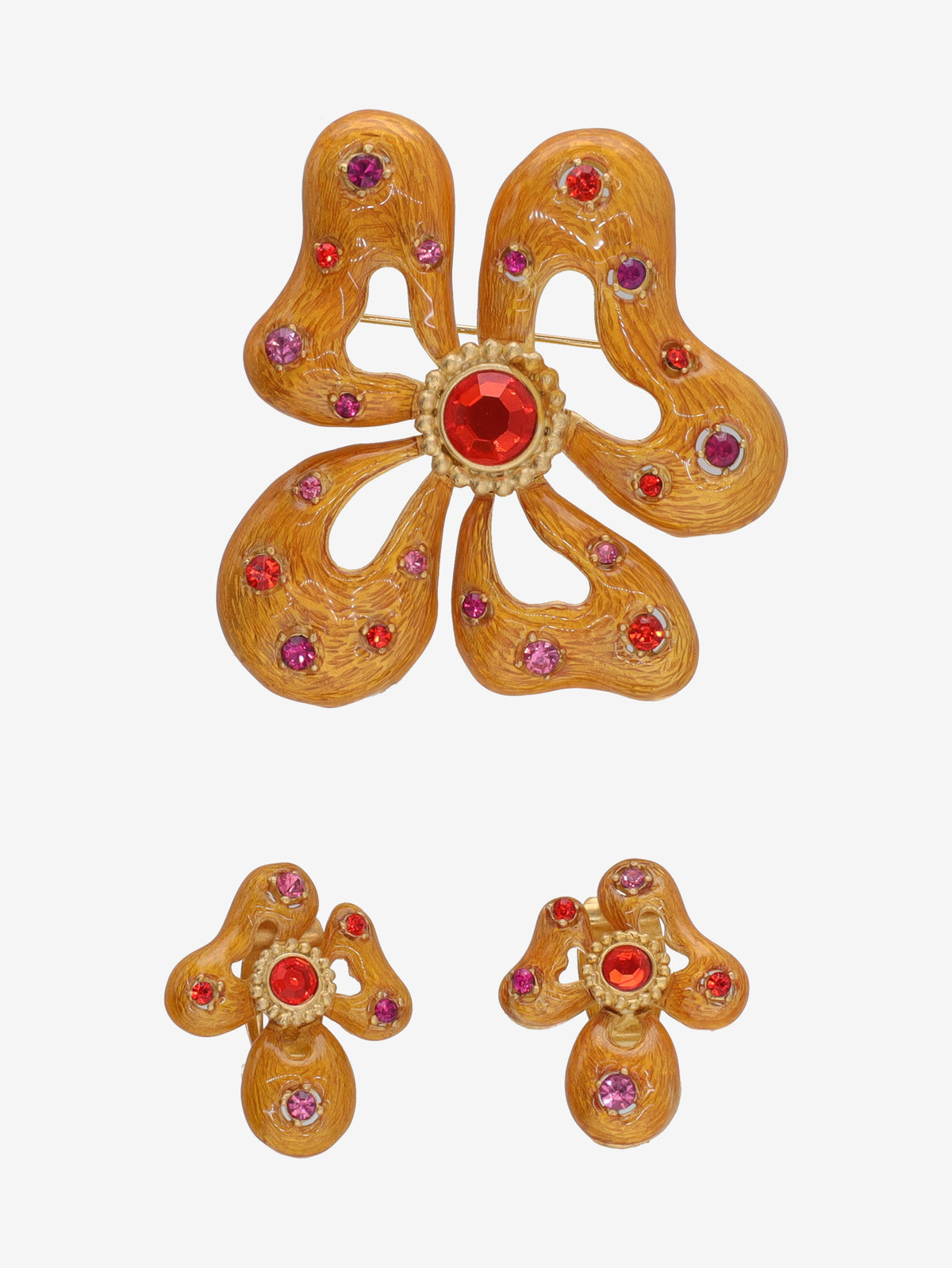 Vintage Enamel & Crystal Floral Brooch and Clip-On Earrings Set W13426.91  Vintage 
