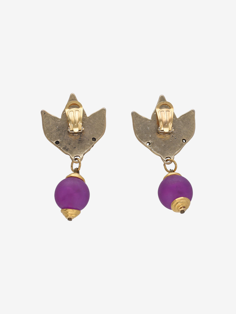 Vintage Leaf-Stud Earrings with Purple Round Pendant Drop W13426.35  Vintage 