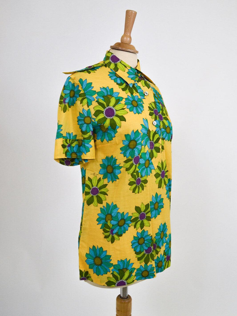 Gio Caré yellow flowered shirt with three-button closure, 70s M1703457  Gio Carè 