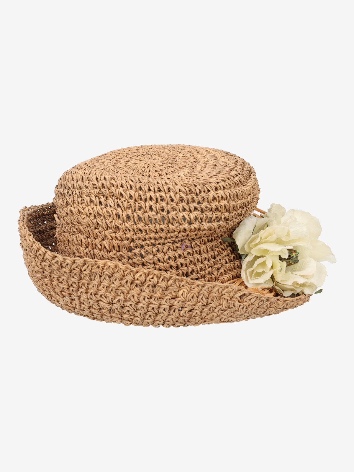 Woven Straw Hat with Ivory Floral Detail BR150622.21  Vintage 