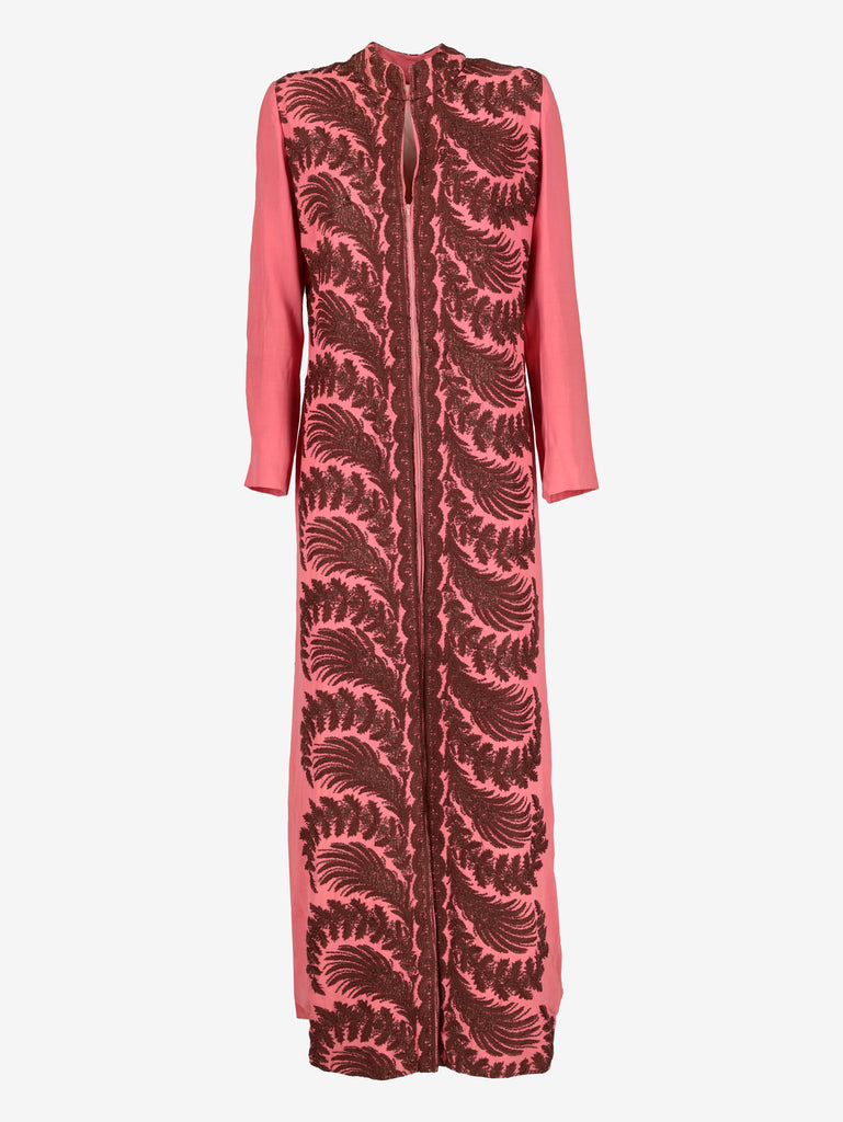 Vintage Pink Kaftan Dress with Dark Brown Embroidery W150626.11  Vintage 