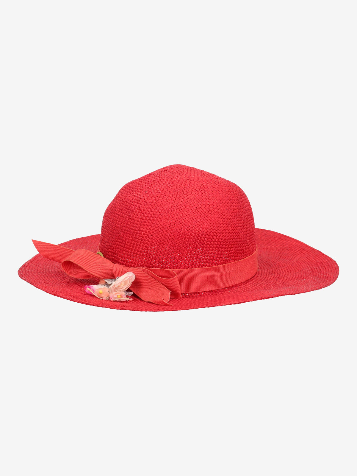 Vintage Red Straw Hat with Floral Trim BR5522.24  Vintage 