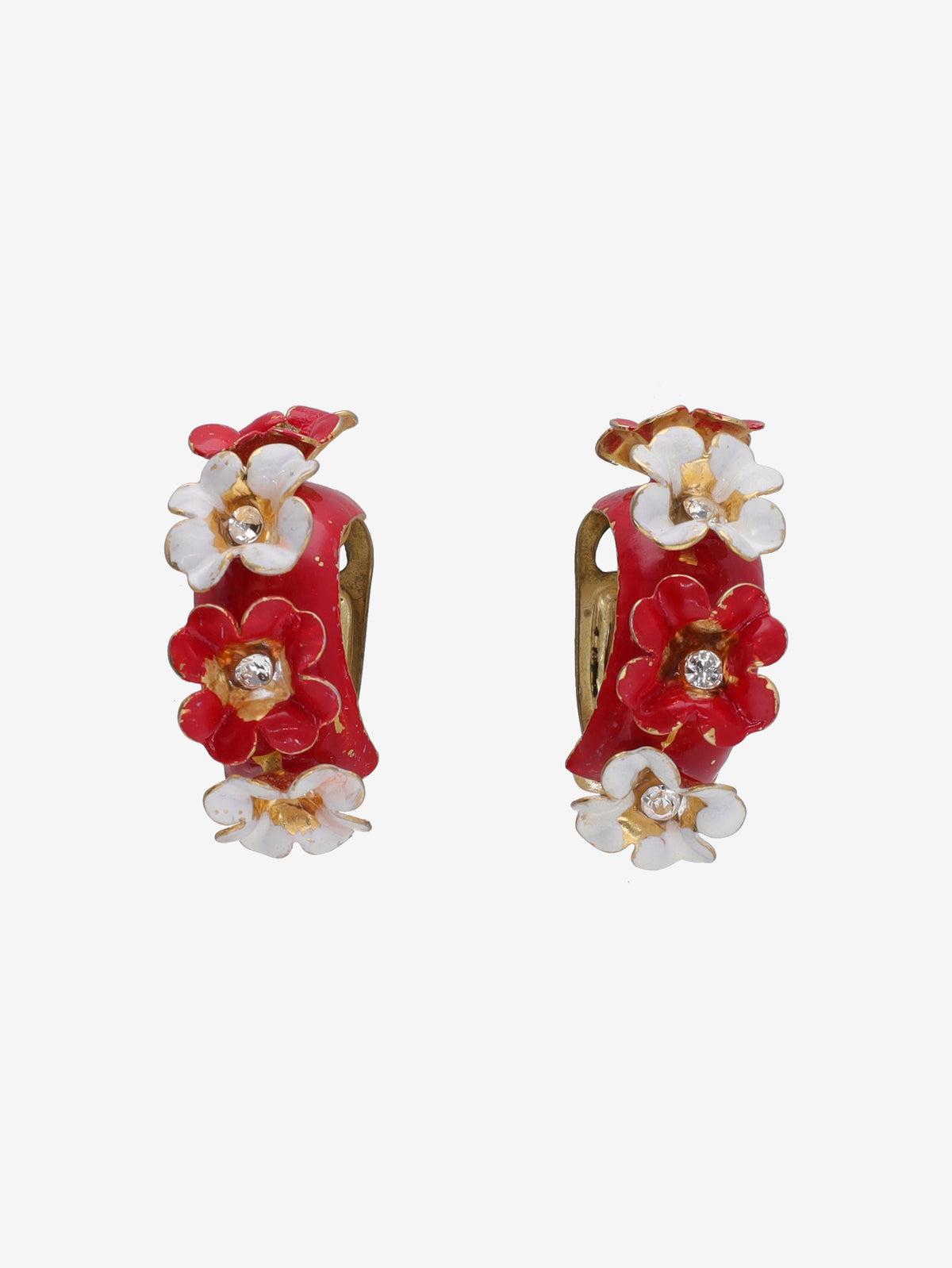 Vintage Semi-Circle Earrings with Red Floral and Gem Detail W13426.5  Vintage 