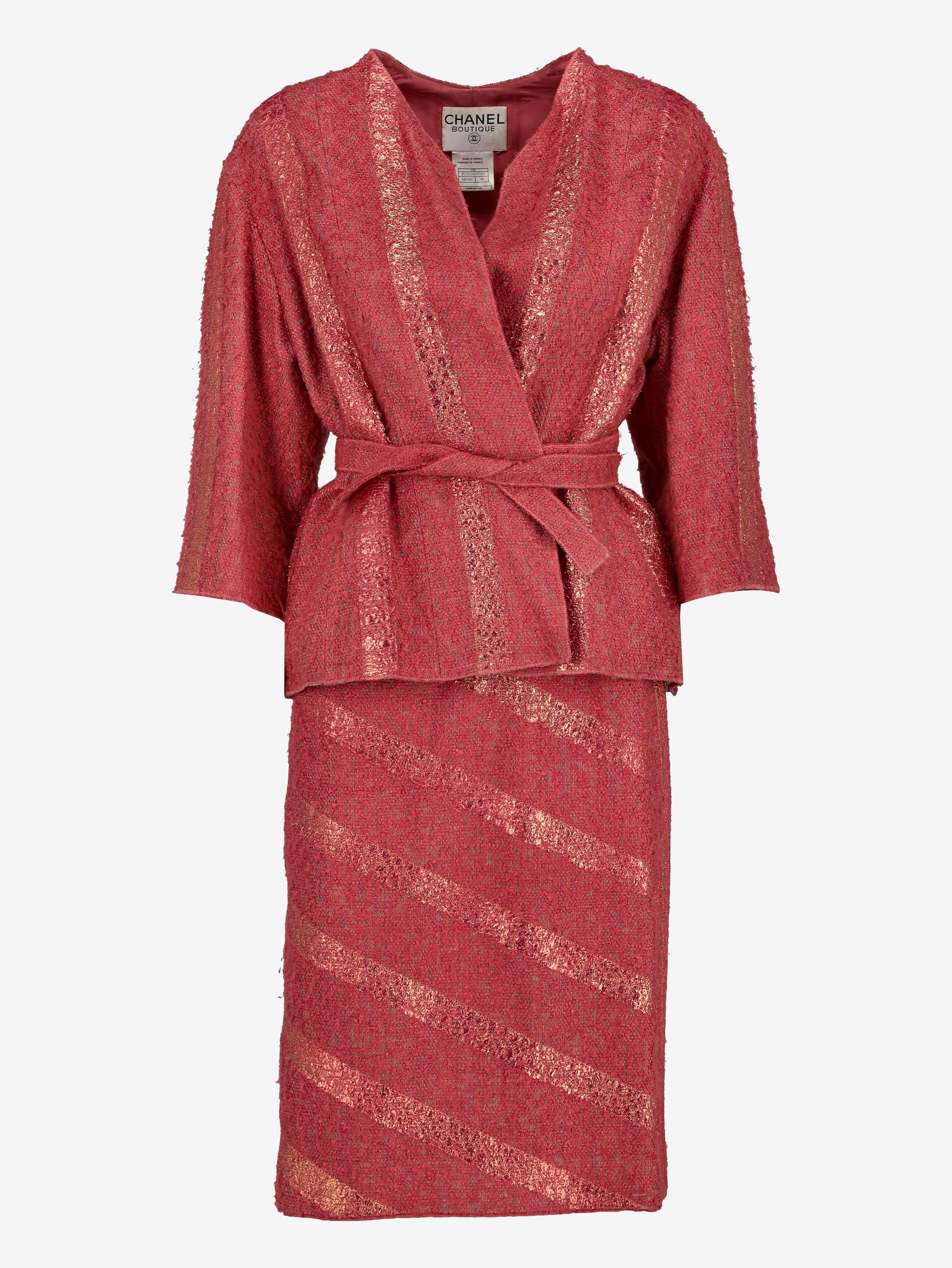 chanel pink suit dress Chanel 1995 Spring Barbie Pink Tweed Skirt Suit