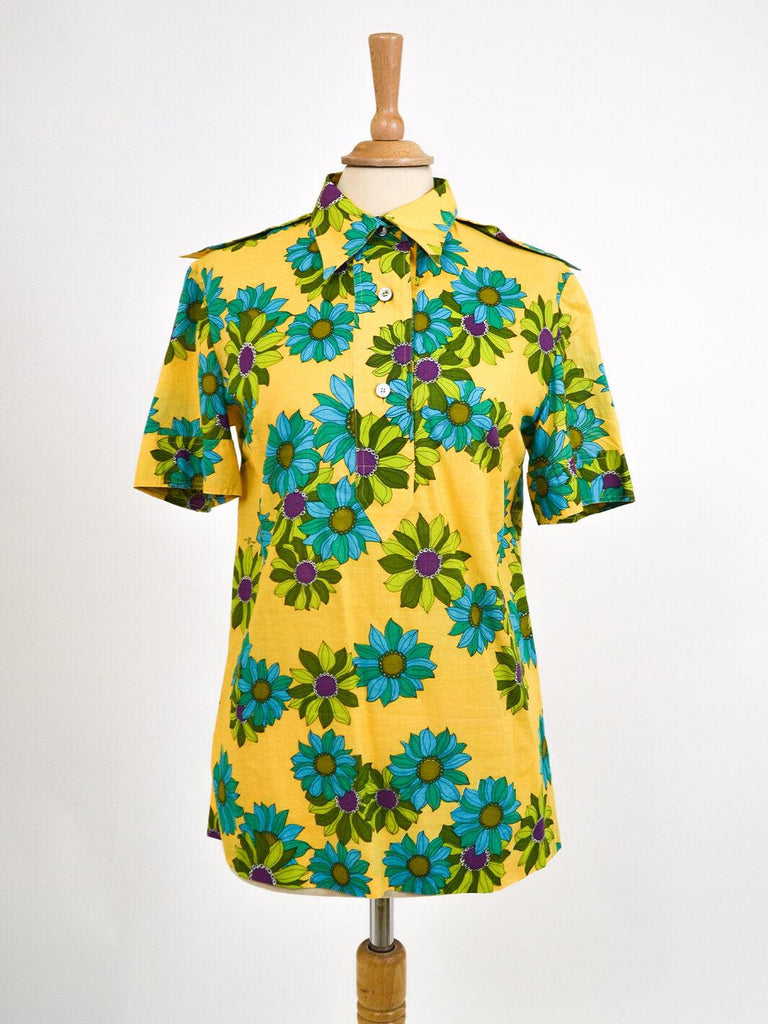 Gio Caré yellow flowered shirt with three-button closure, 70s M1703457  Gio Carè 