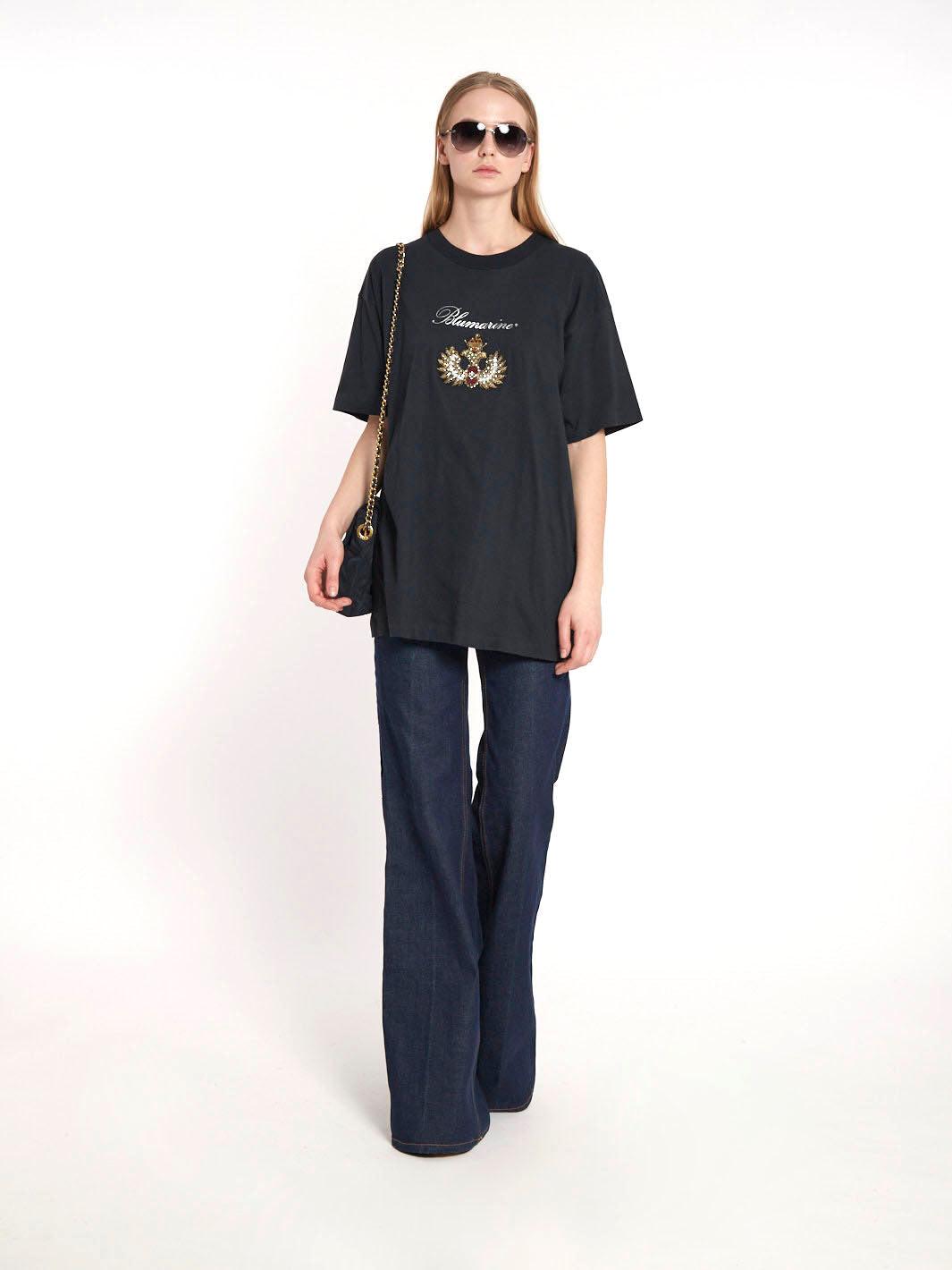 1990s Anna Molinari Blumarine blue T-shirt with beads and rhinestones Z101116  Blumarine 