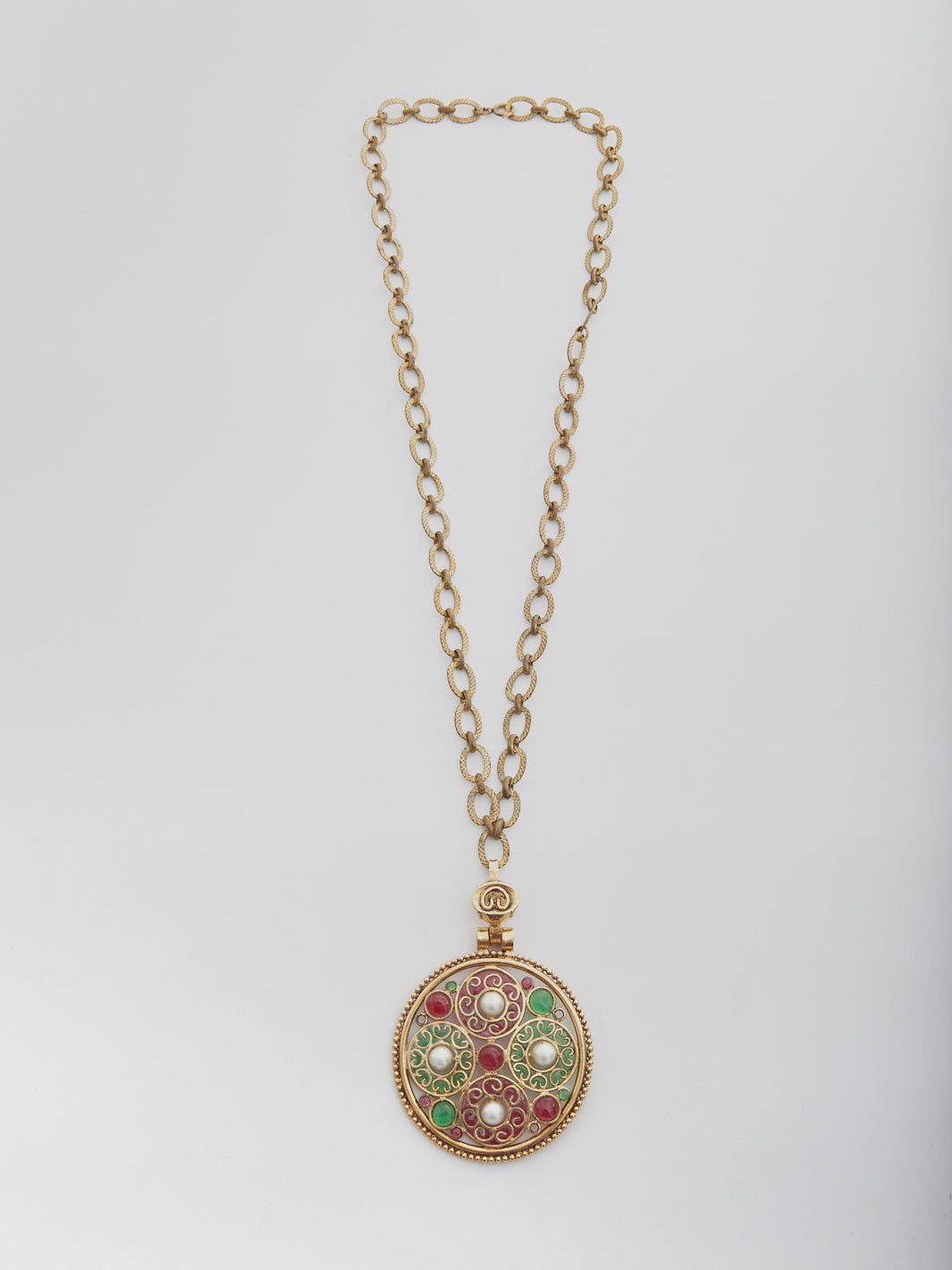 1960s Chanel glass paste medallion with pearls and long golden chain