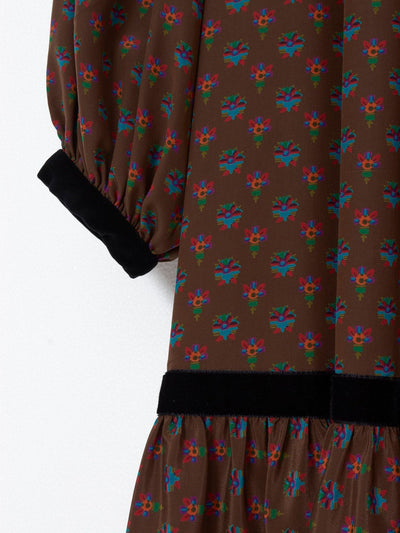 1970s Yves Saint Laurent in brwn silk with puffed sleeves