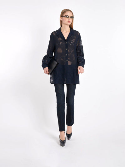 Dark blue 1990s long-sleeved Escada blouse, see through