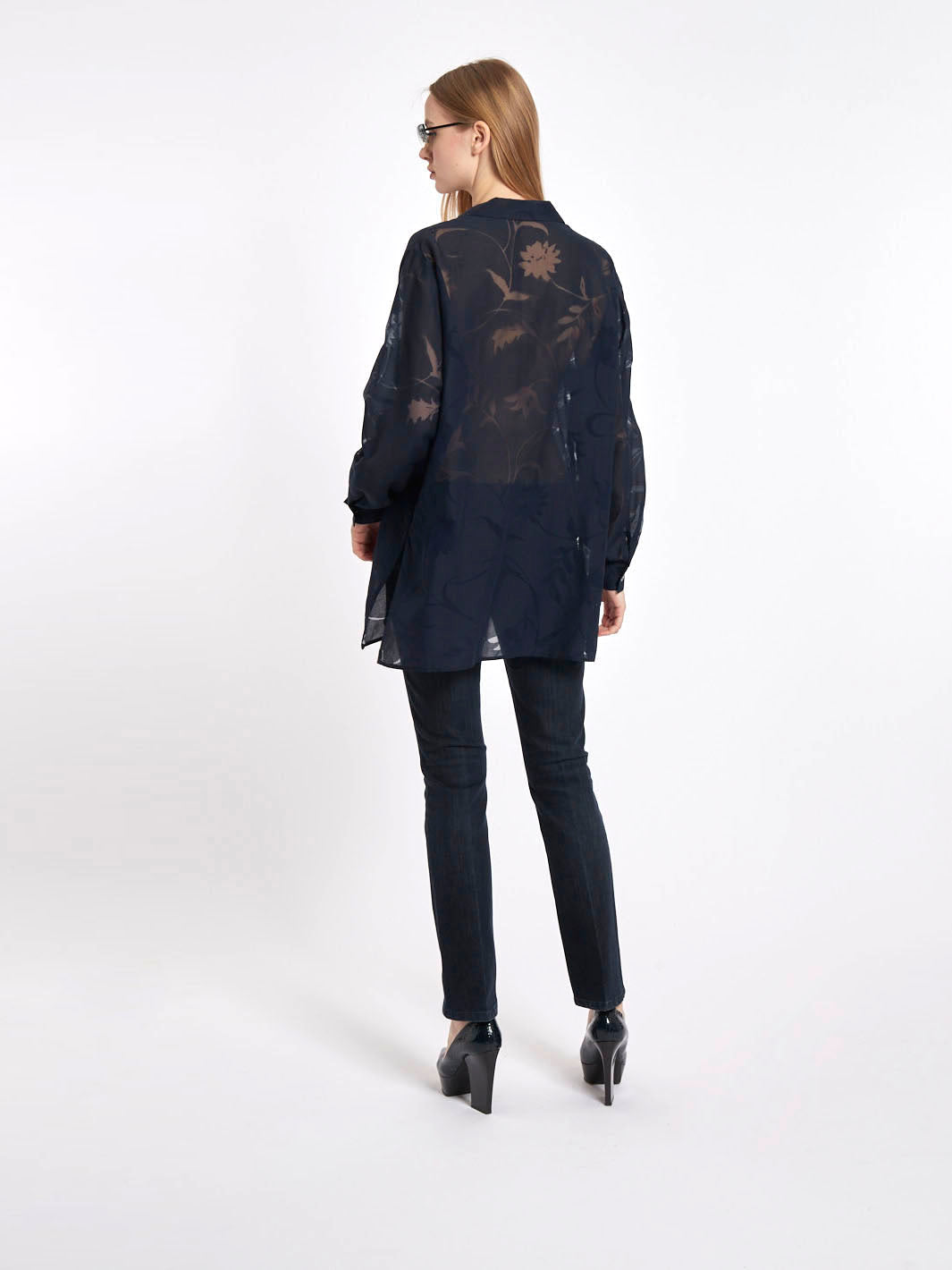 Dark blue 1990s long-sleeved Escada blouse, see through