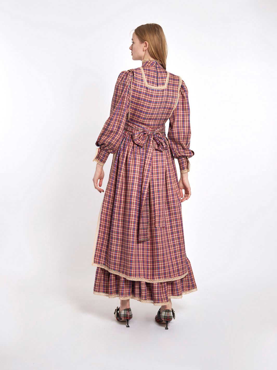 Fiorucci 1970s prairie dress with checked pattern and lace trimming