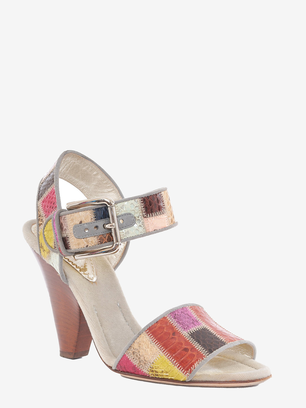 Sandalo Prada con tacco in legno patchwork