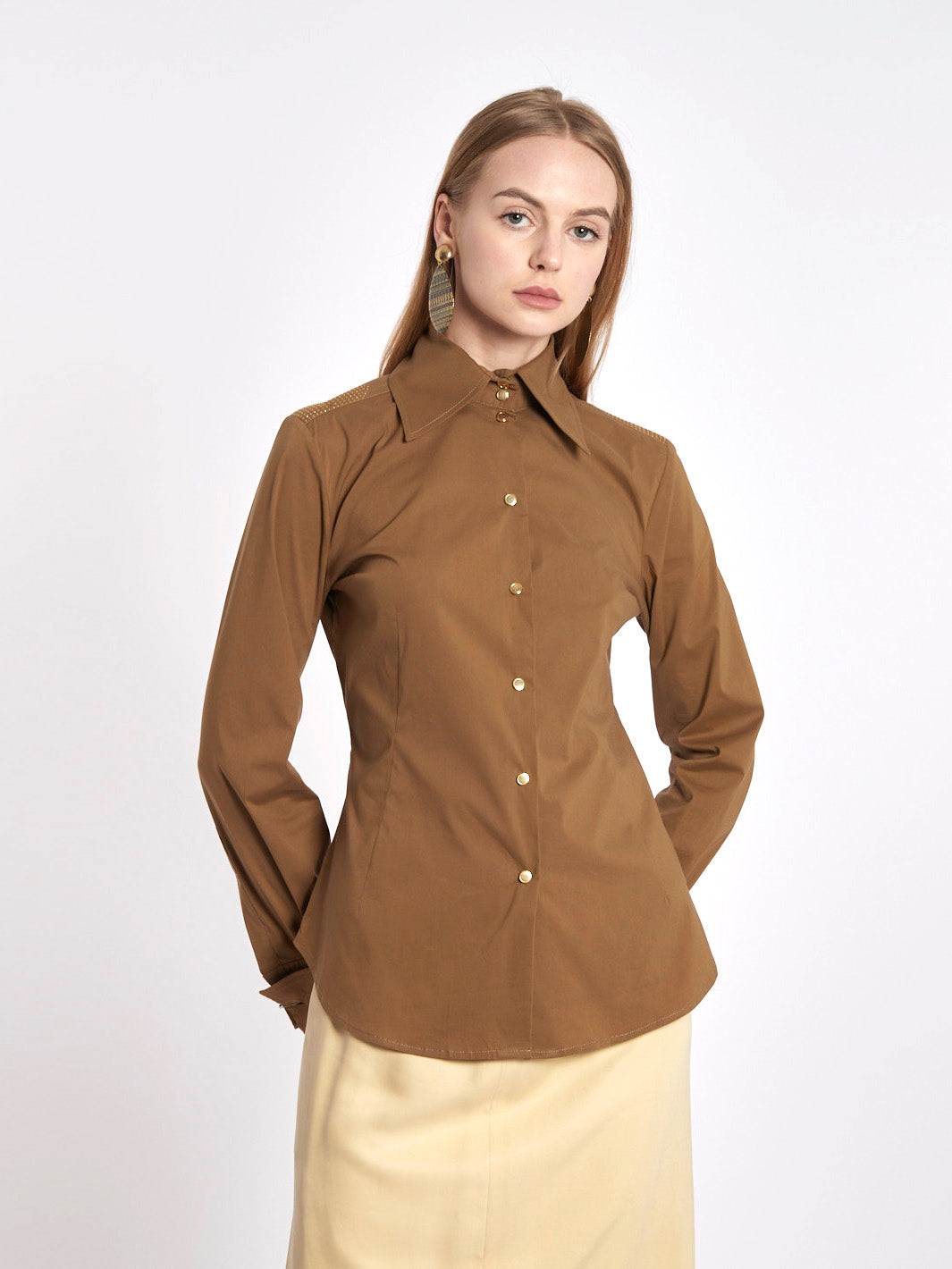 Blumarine Jeans Y2K brown blouse with golden detail on the shoulders