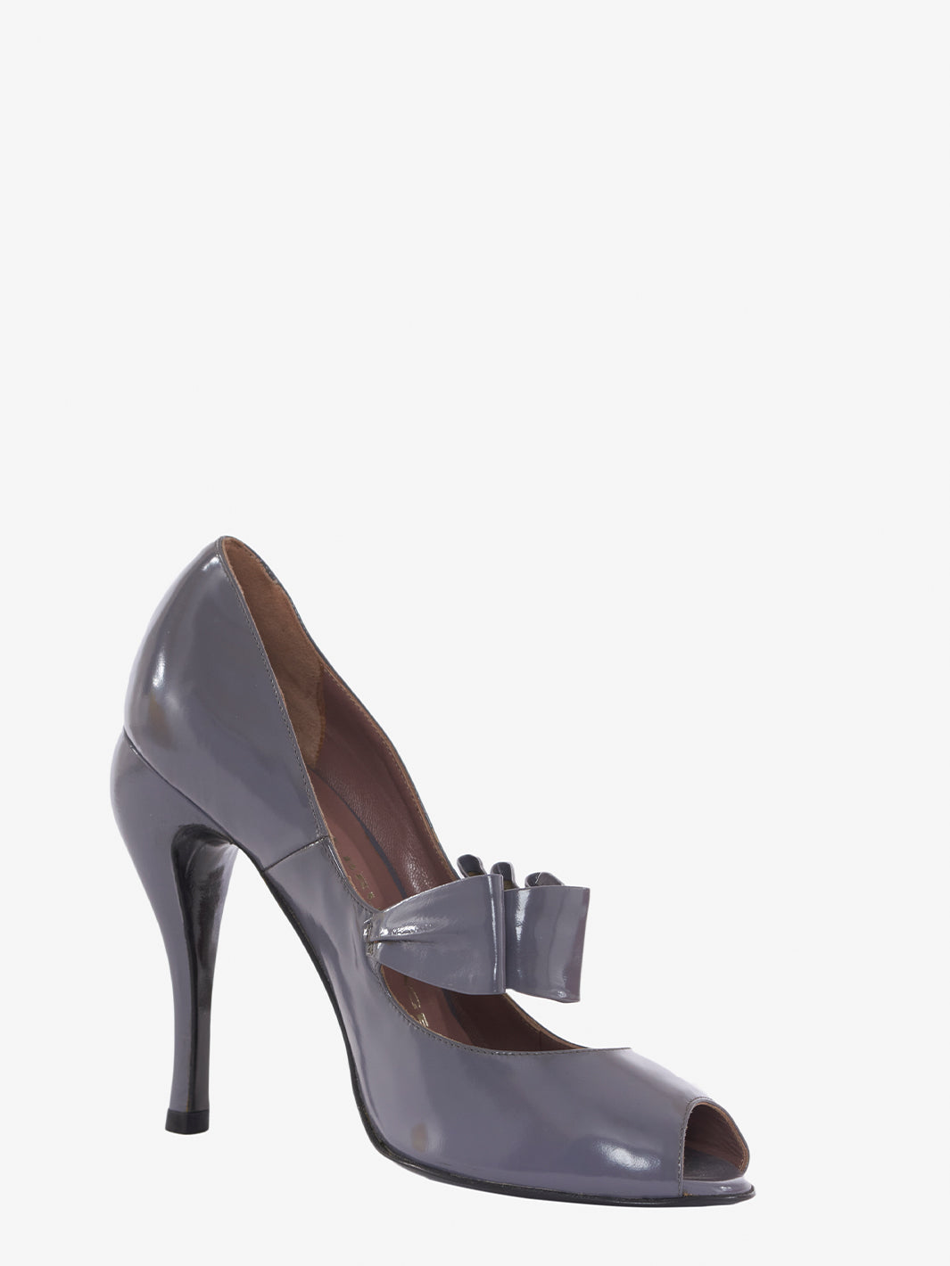 Nicole Brundage open toe pumps in grey patent leather