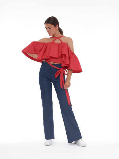 Y2K Alessandro De Benedetti crop top in red cotton with ruffle