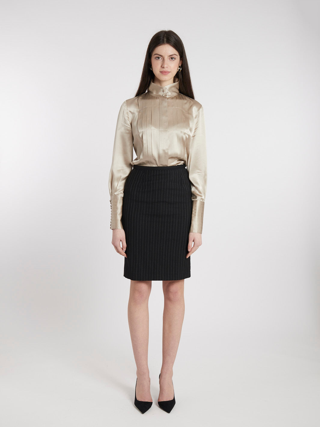 1990s Black Dolce&Gabbana wool knee-length skirt with pinstripe print