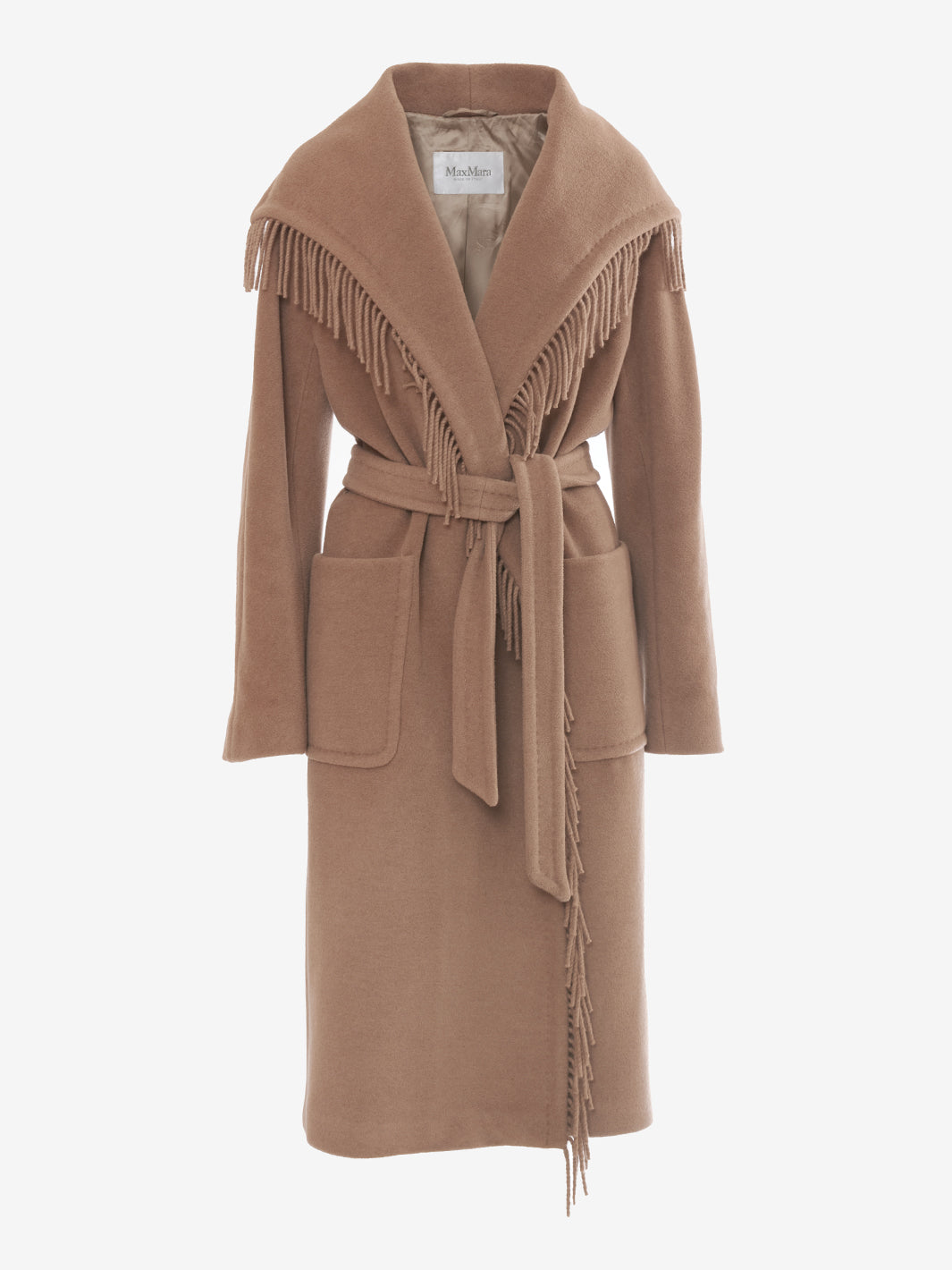 Max Mara camel-colored fringed coat