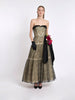 1950s sartorial ivorry-colored evening gown covered in black lace