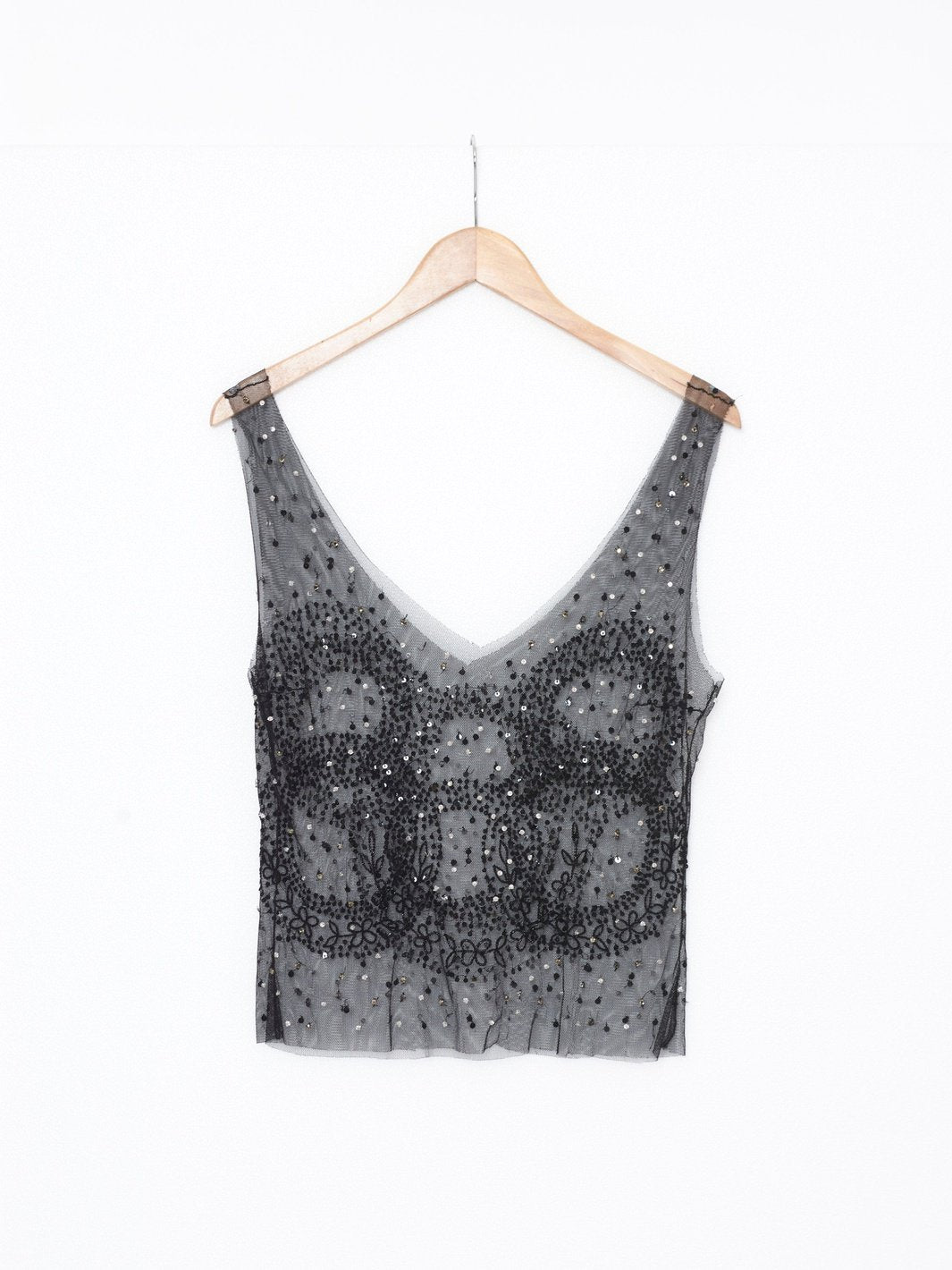 Y2K Krizia sheer black sleeveless top with beads and sequins