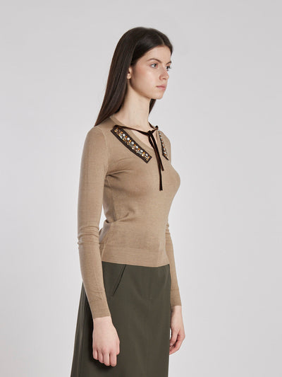 Y2K Prada taupe-coloured wool sweater with strass embroidery