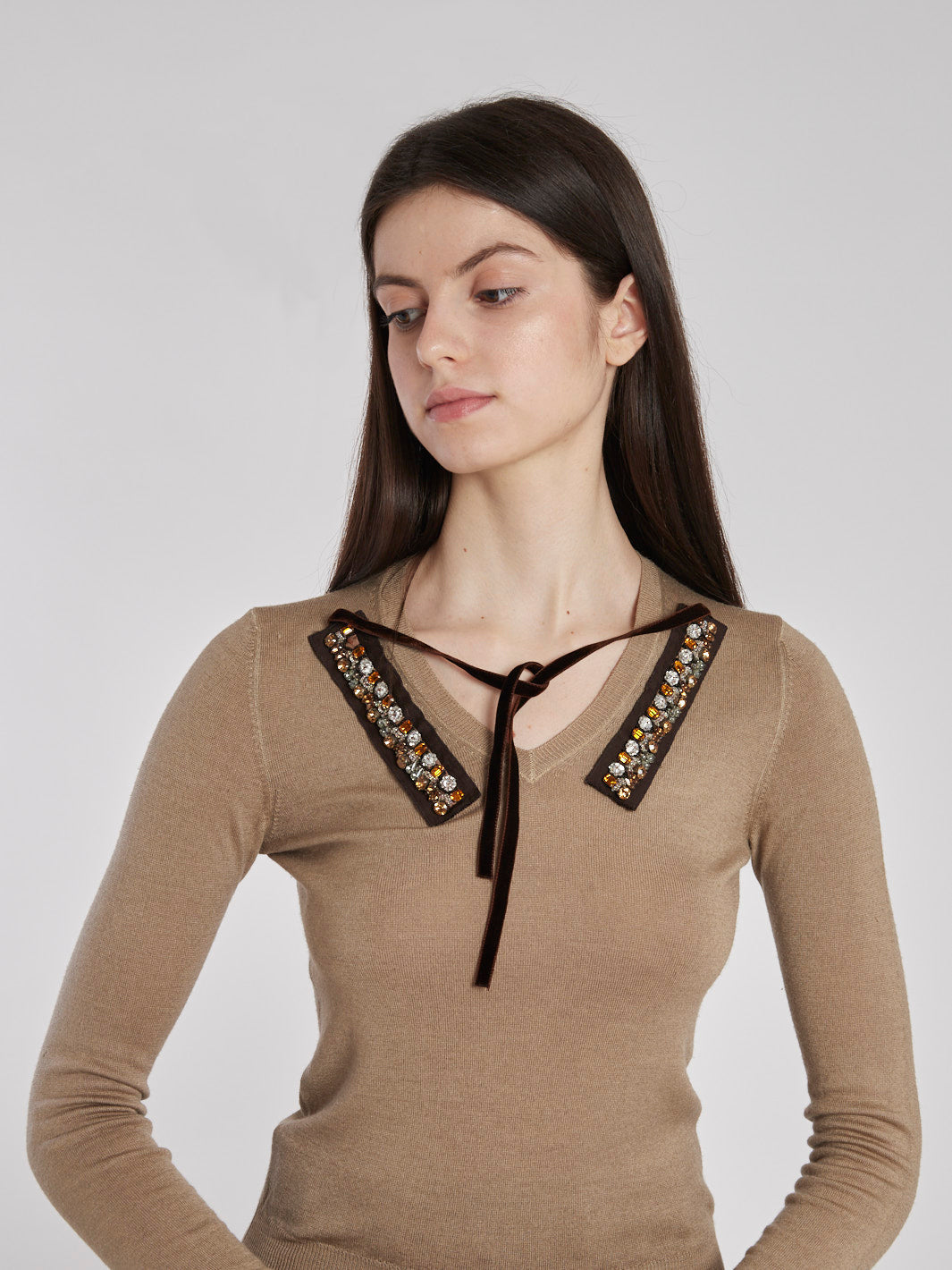 Y2K Prada taupe-coloured wool sweater with strass embroidery