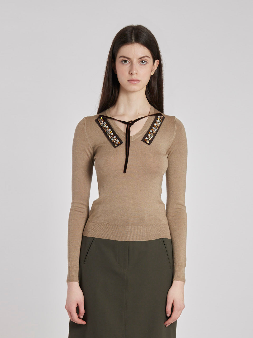 Y2K Prada taupe-coloured wool sweater with strass embroidery